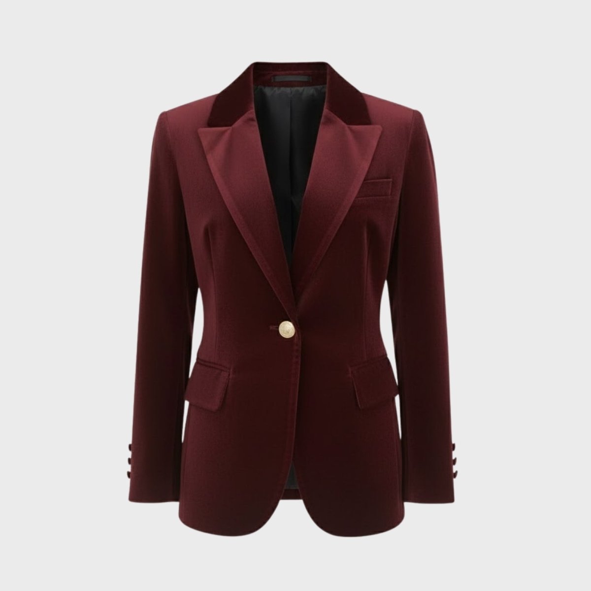 Product shot of the Kouvr Fashion burgundy velvet blazer, showing the satin lapels, gold button, and luxurious velvet texture.
