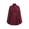 Front product shot of the Kouvr Fashion burgundy wool cape with a high collar, pearl button, and black belt on a white background.
