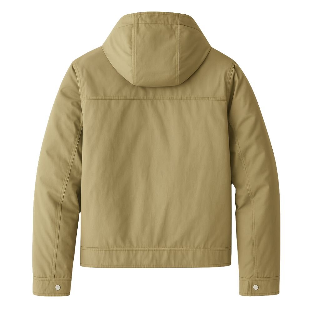 Green kouvr jacket with a hood on a white background