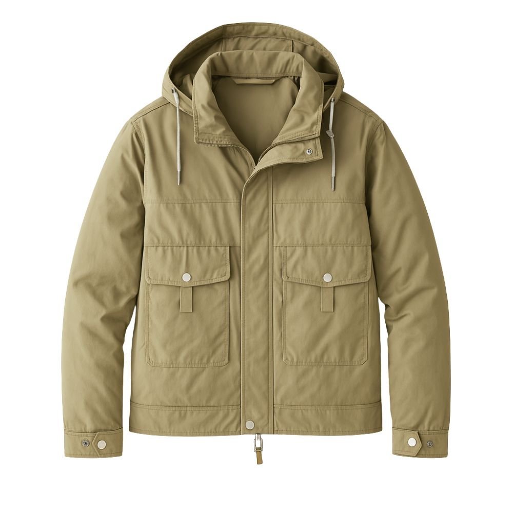 green kouvr jacket with a hood on a white background