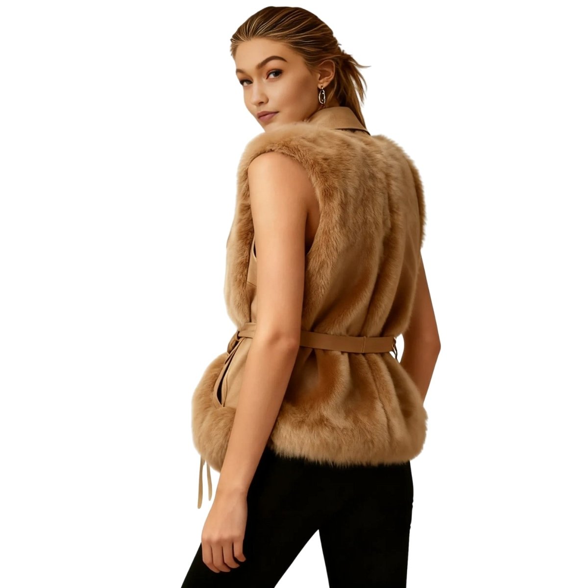 Woman wearing a camel Kouvr fur vest on a white background