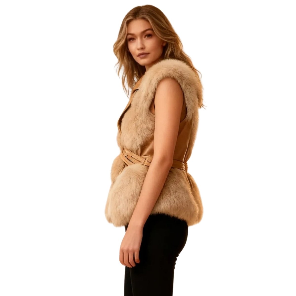 Woman wearing a camel Kouvr  fur vest on a white background