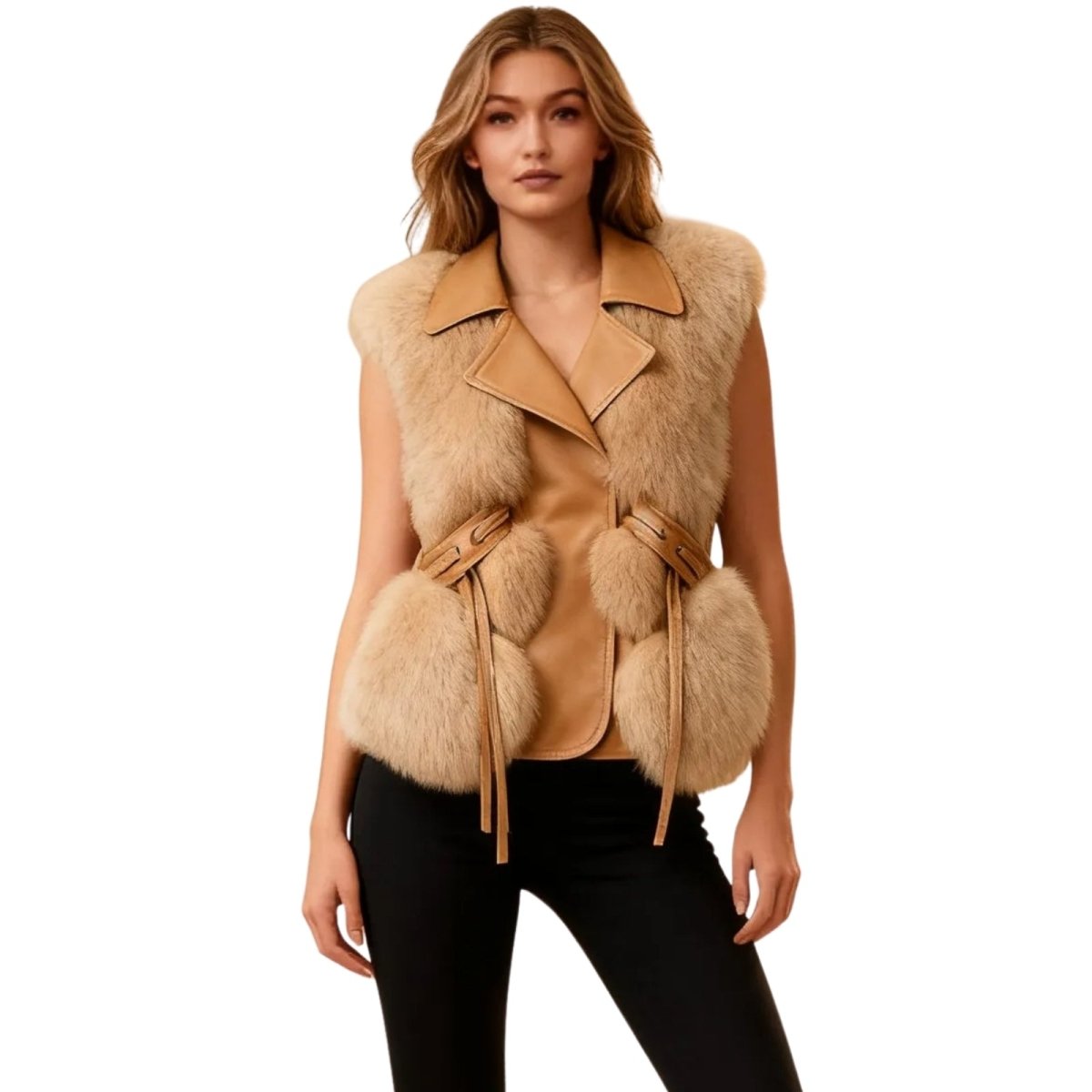 Woman wearing a camel Kouvr fur vest with a white background