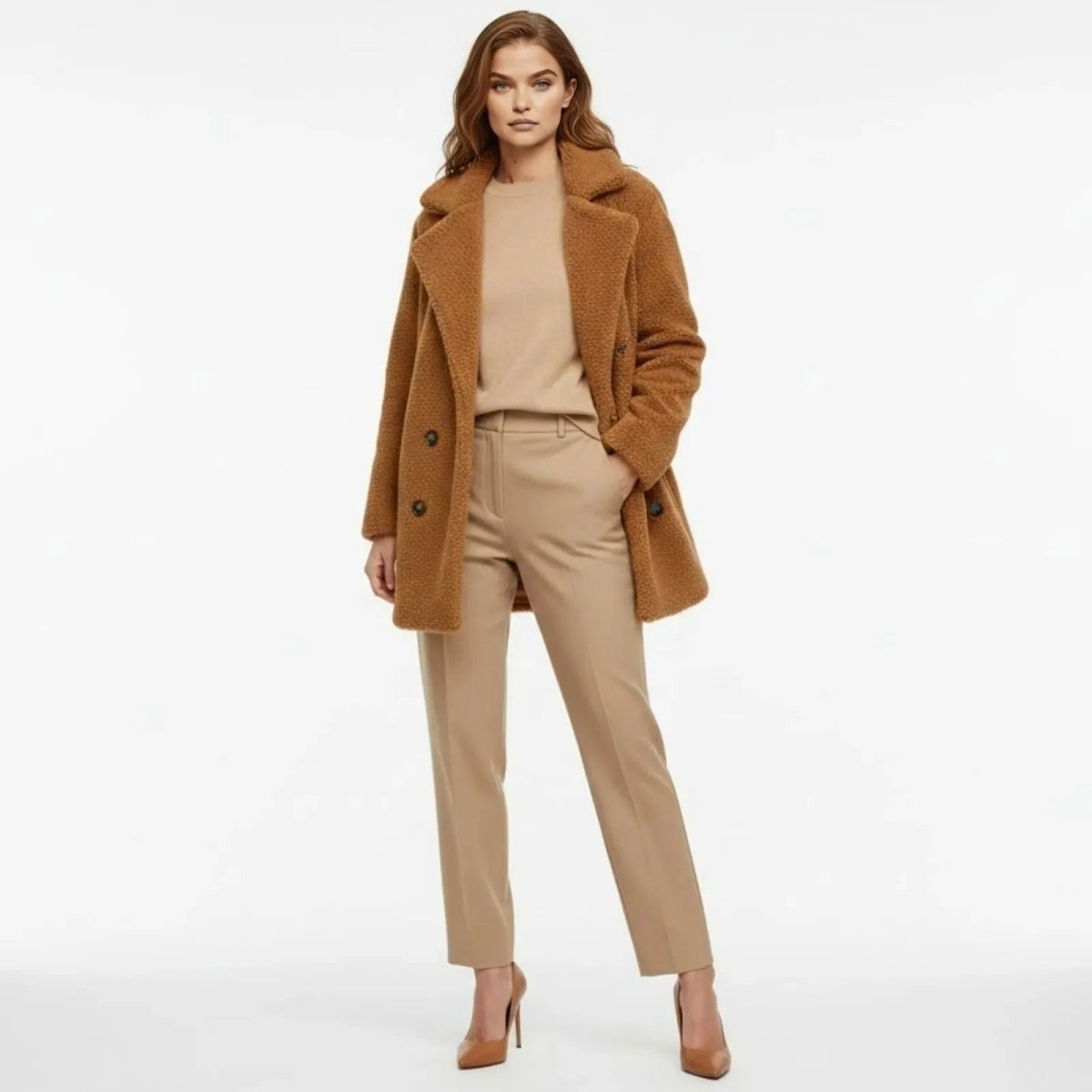 Model wearing the Kouvr Fashion camel double-breasted teddy coat with matching beige trousers and heels against a white background.