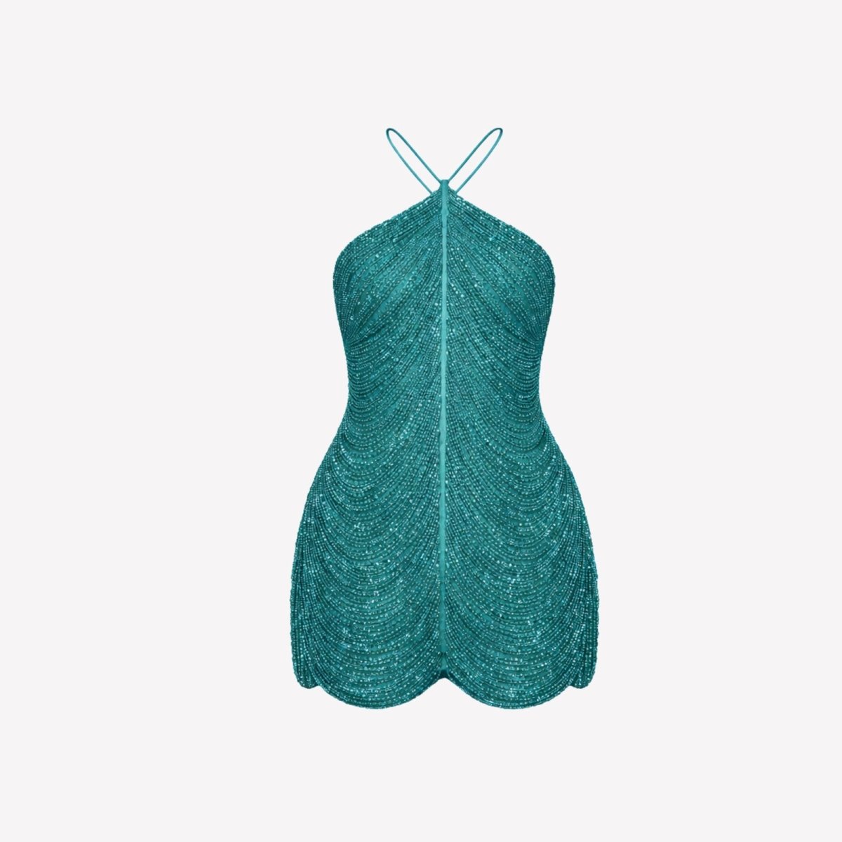 Product-only image of the Carey teal beaded dress from Kouvr Fashion, laid flat to show the intricate beading and halter straps.