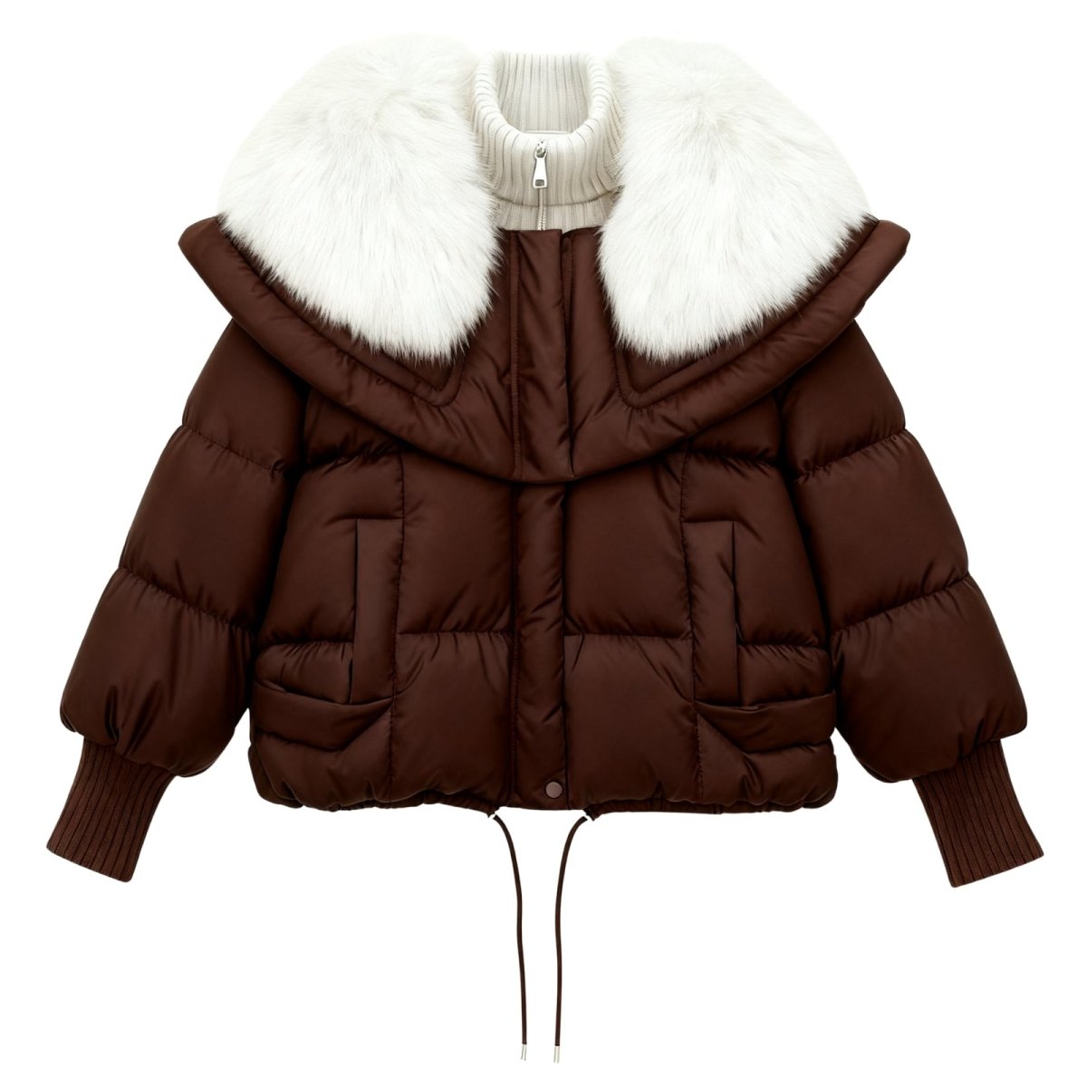 Brown Kouvr puffer jacket with white fur hood on a white background