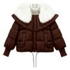 Brown Kouvr puffer jacket with white fur trim on a black background
