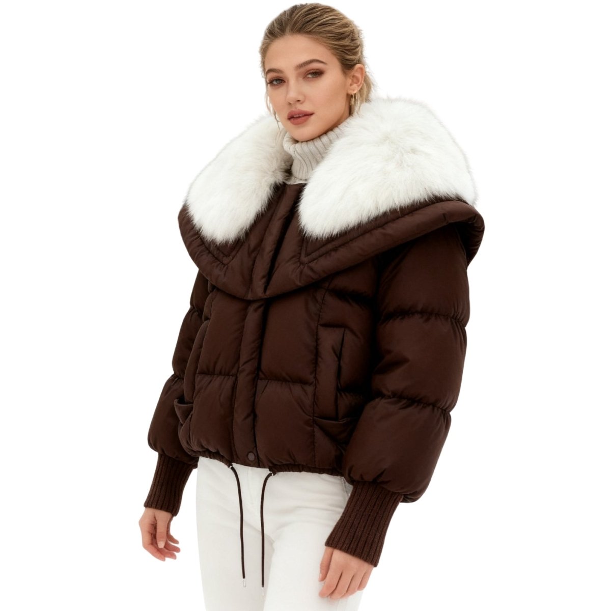 Brown Kouvr puffer jacket with white fur collar worn by a model on a white background
