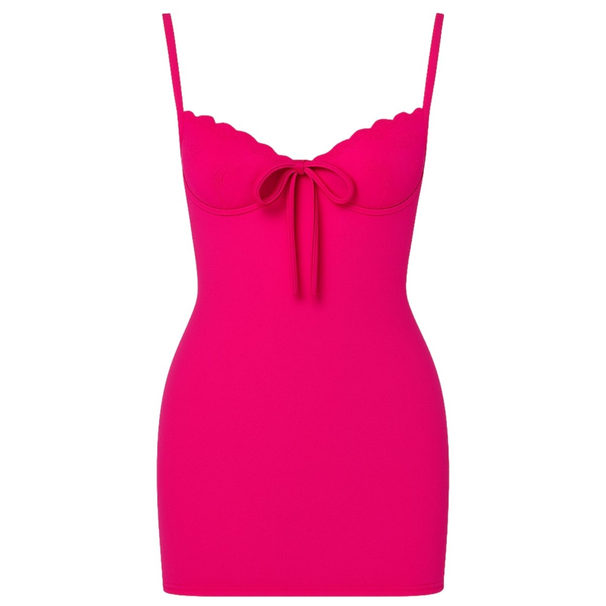 Rose red kouvr dress with thin straps and a tie detail on a white background