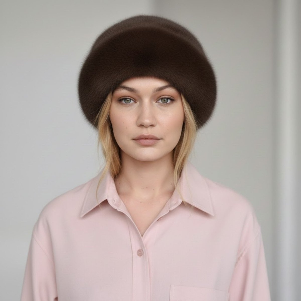 Woman wearing a brown beret against a plain background