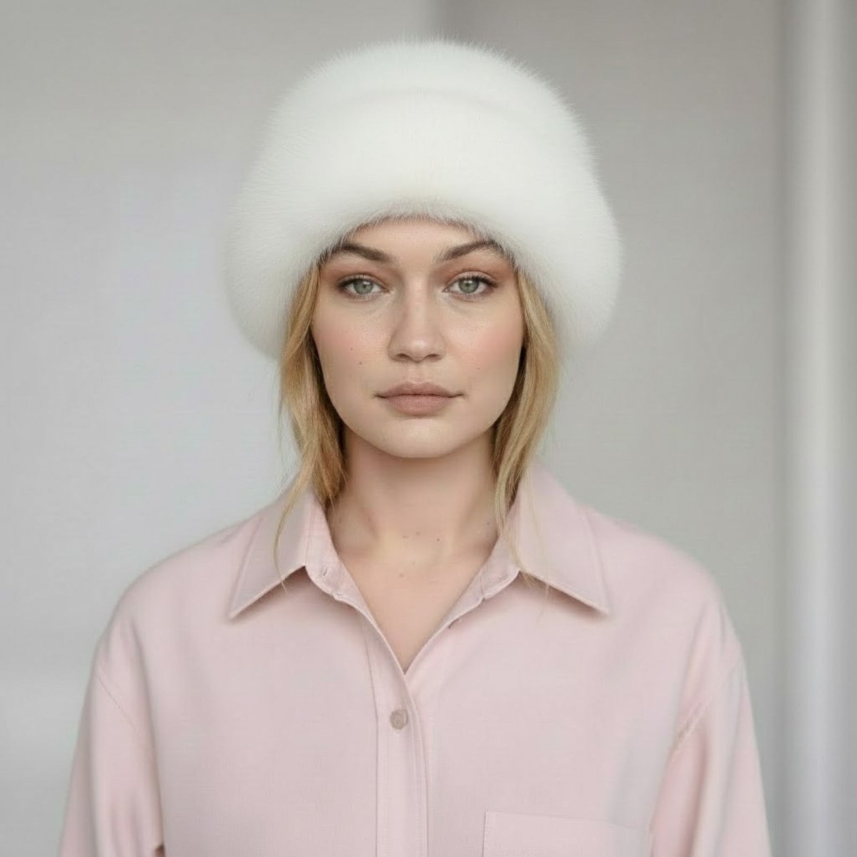 Person wearing a white fur hat and light pink shirt against a plain background