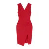 Woman wearing Kouvr Fashion's red Clara V-neck cocktail dress, front view