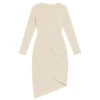 Model wearing The Claudia ruched waffle knit bodycon dress in apricot by Kouvr Fashion