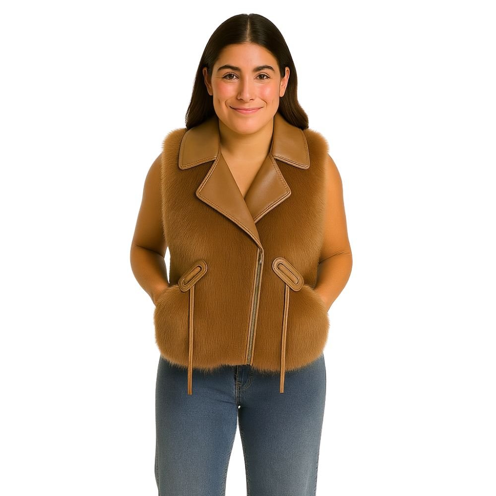 Kouvr Fashion Women's Cognac Brown Leather and Fox Fur Vest with Statement Pockets.