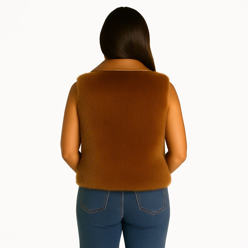 Kouvr Fashion Women's Cognac Brown Leather and Fox Fur Vest with Statement Pockets.