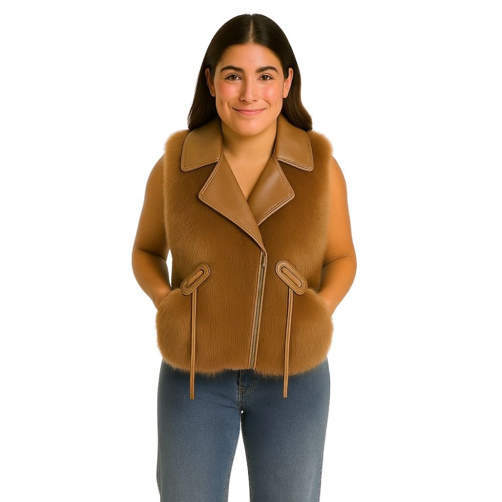 Kouvr Fashion women's pearl white sheared mink fur vest with a Nappa leather collar and front zip closure, shown from the front.