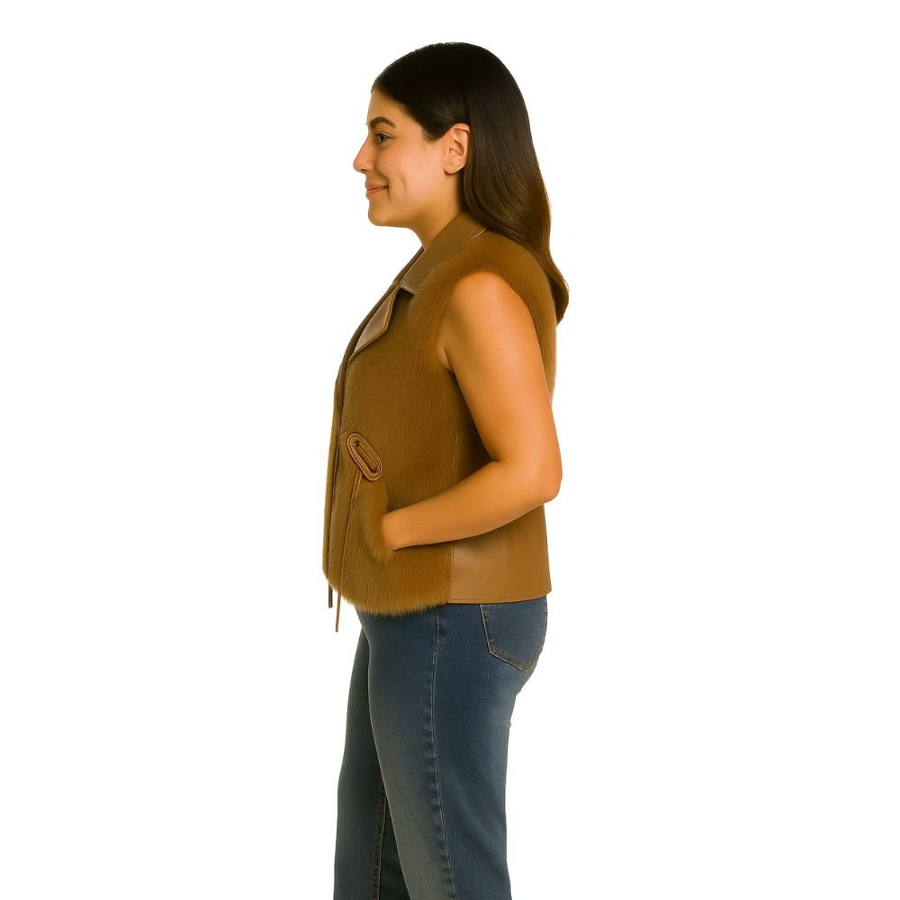 Kouvr Fashion Women's Cognac Brown Leather and Fox Fur Vest with Statement Pockets.