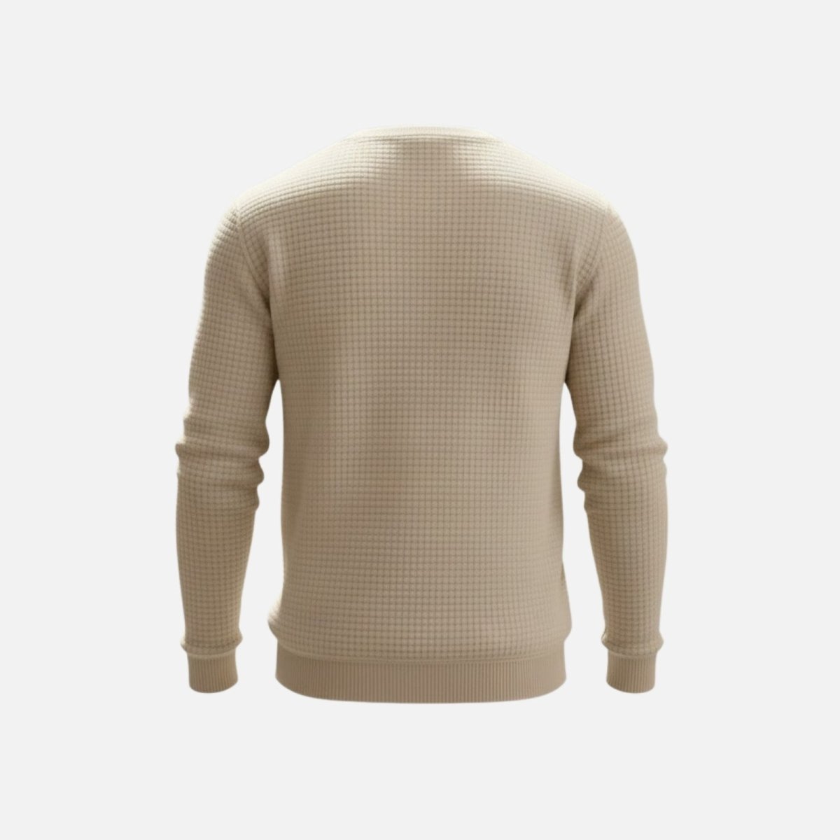 Back view of the beige Colby waffle-knit crewneck sweater on a white background, showing the full sleeve and body construction.