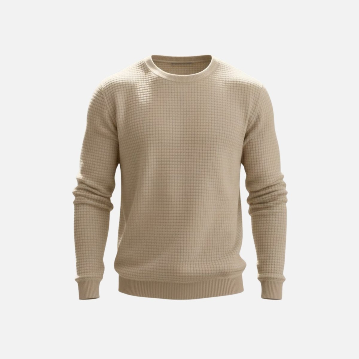 Front view of the beige Colby waffle-knit crewneck sweater, displaying the detailed texture and ribbed hem.