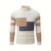 Product flatlay of the front of the Kouvr Fashion men's white, khaki color block turtleneck sweater on a clean white surface.