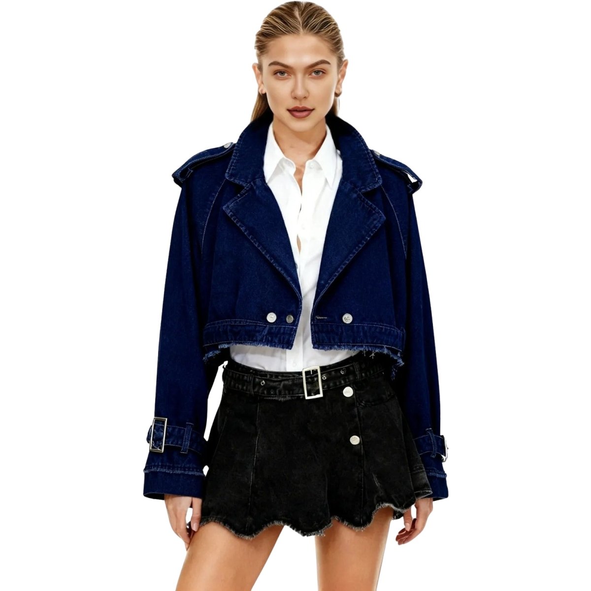 Woman wearing a blue kouvr denim jacket over a white shirt and black skirt on a white background