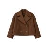 Flat lay of the Kouvr Fashion double-breasted cropped wool jacket in cognac brown showcasing its buttons and wide lapels.