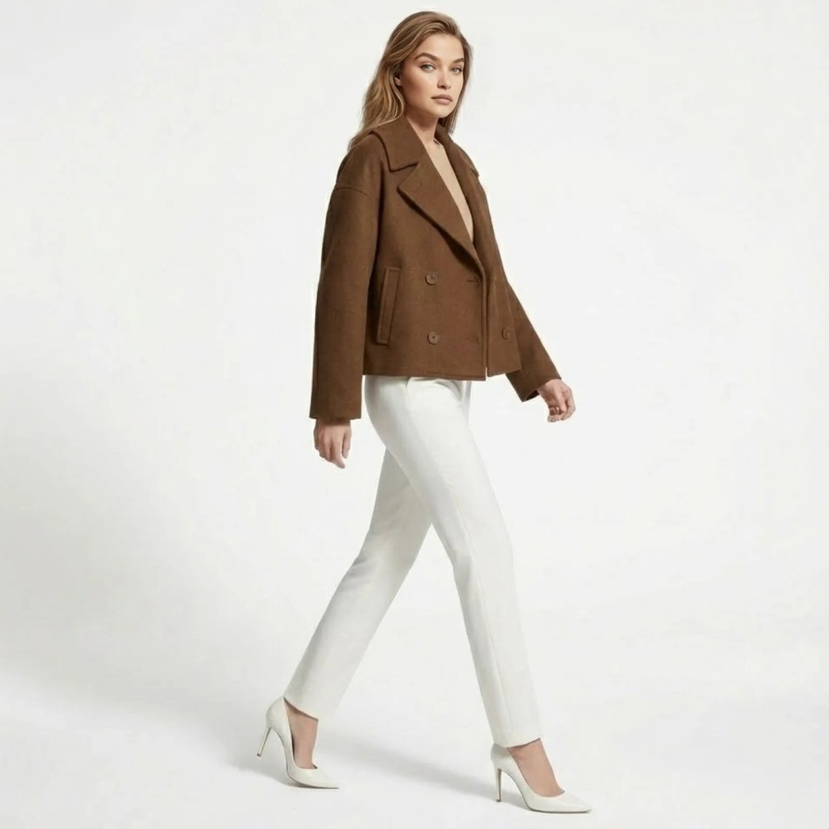Side profile of a model walking in the Kouvr Fashion cognac brown cropped wool jacket, showing its silhouette and movement.
