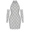 Model wearing the Kouvr Fashion silver crystal embellished sheer halter mini dress with matching long sleeves against a white background