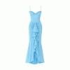 Light blue evening gown with ruffled skirt on a white background