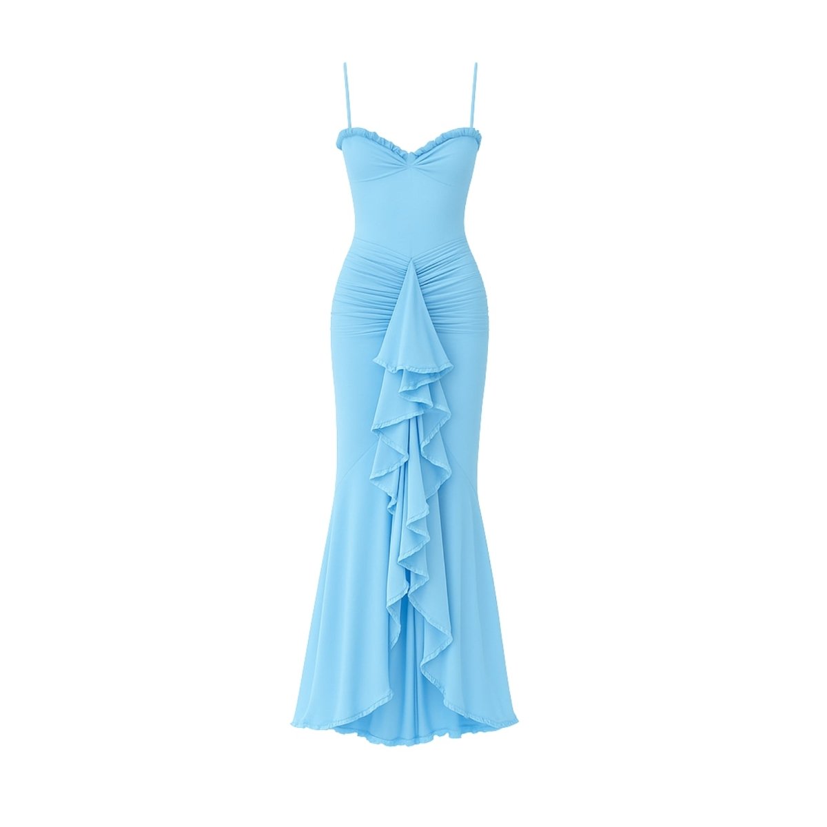 Light blue  kouvr evening gown with ruffled skirt on a white background