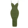 Woman wearing the Kouvr Fashion Dana ruched bodycon midi dress in army green