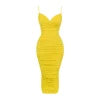 Woman wearing the Kouvr Fashion Dana dress in citrine yellow, a ruched bodycon midi style with spaghetti straps