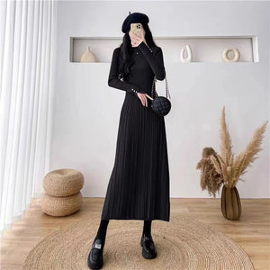 Pleated Knit Midi Dress Long Sleeve Mock Neck - A-Line Ribbed Sweater Dress for Women | Elegant Winter Pullover | Ivory White | Kouvr Fashion Pleated Knit Midi Dress Long Sleeve Mock Neck - A-Line Ribbed Sweater Dress for Women | Elegant Winter Pullover | Ivory White | Kouvr Fashion