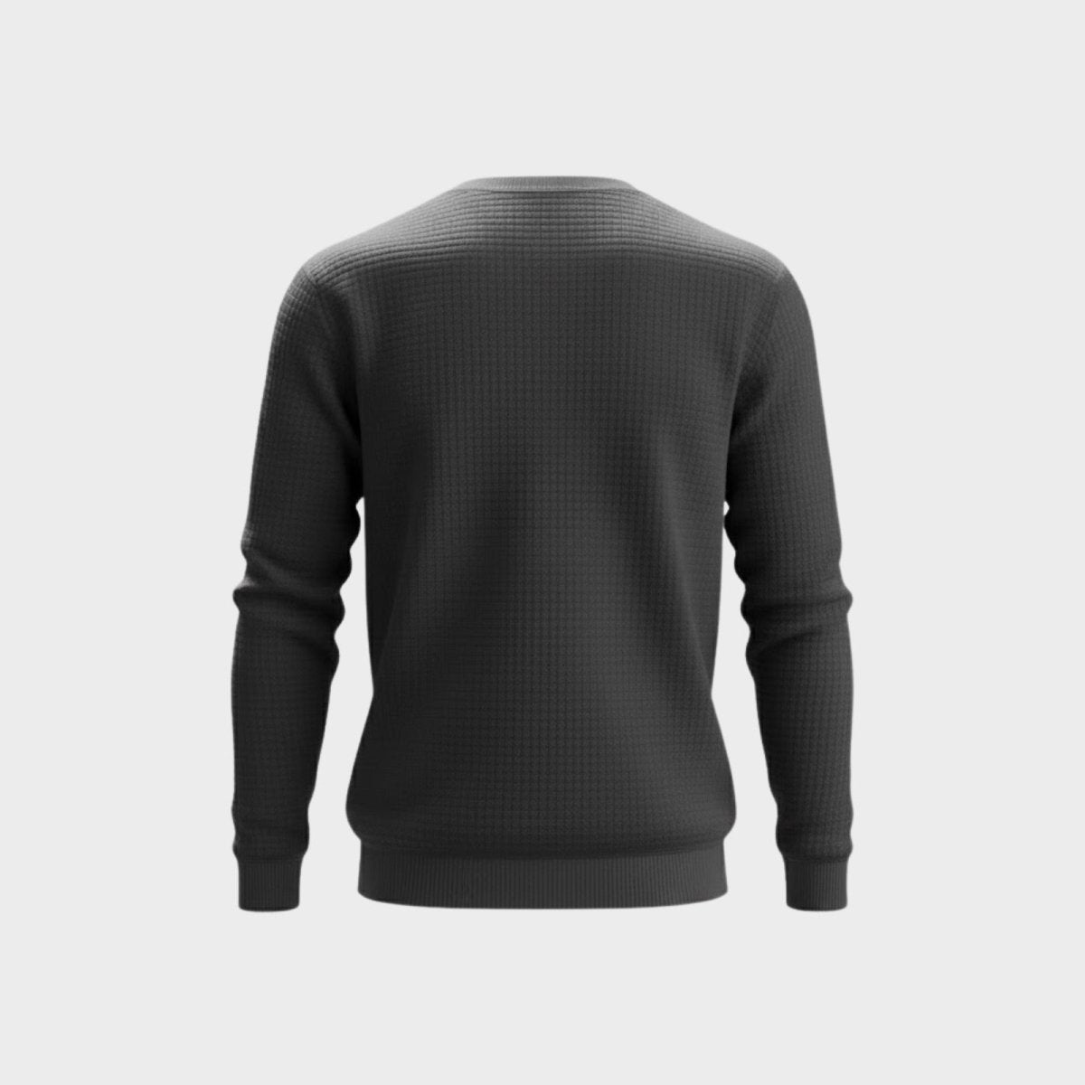 Back view of the Kouvr Fashion men's charcoal waffle knit sweater showcasing the full textured pattern.