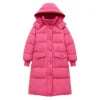 Kouvr Fashion women's long oversized dark pink puffer coat with hood seen from the front