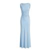 Product flat lay of the light blue Deborah gown, front view, detailing the criss-cross fabric and sheer lace inserts at the waist.