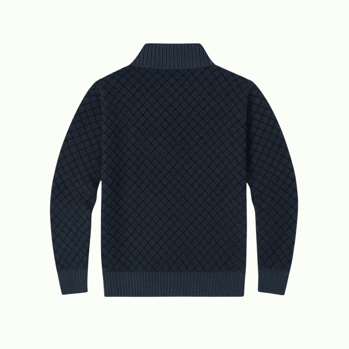 Flat lay showing the back of the Kouvr Fashion navy diamond knit sweater, highlighting the continuous jacquard pattern.