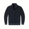 Flat lay of the Kouvr Fashion navy diamond knit zip-up cardigan showing front pockets, ribbed collar, and full texture detail.