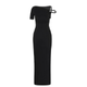 sculptural silhouette, draped jersey, architectural design, modern elegance, figure-flattering, minimalist formalwear, elevated essential.