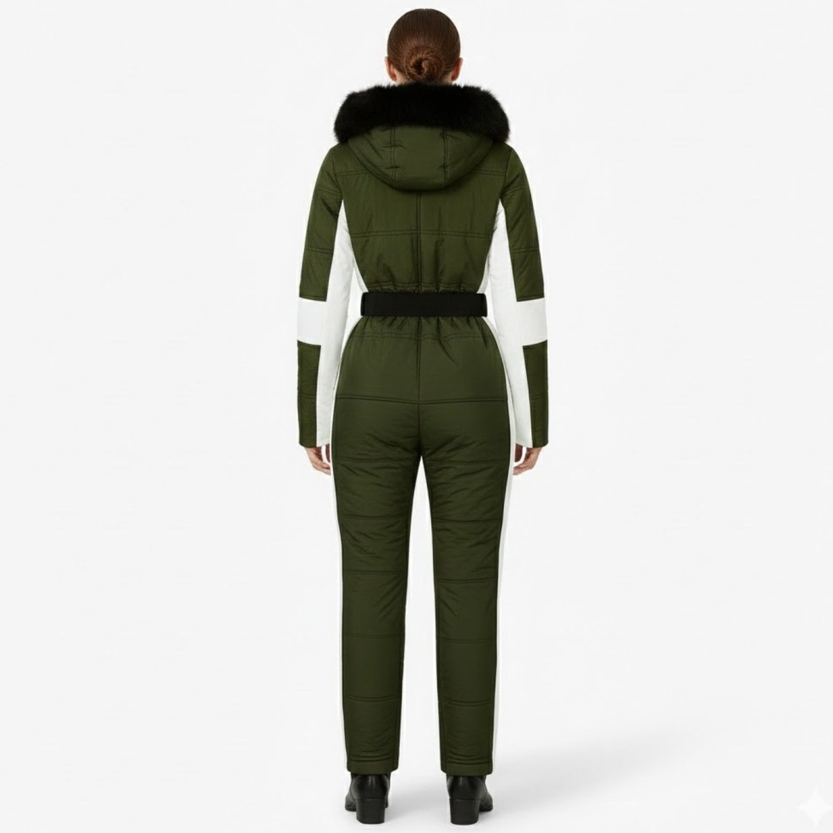 Back view of the Kouvr Fashion Dolly quilted ski suit in green, highlighting the belted waist and faux fur hood.
