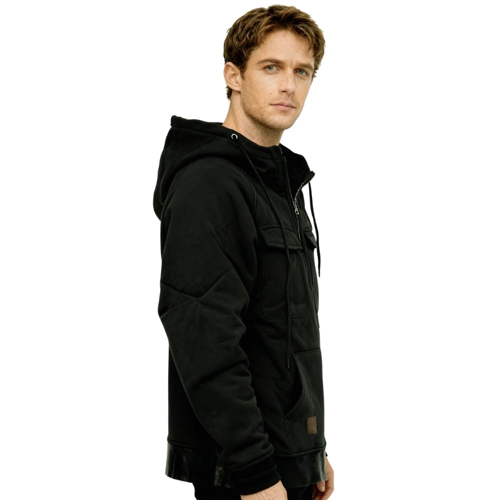 utility pockets," "technical fleece," "structured fit," "urban outerwear," "men's layering piece," and "modern pullover