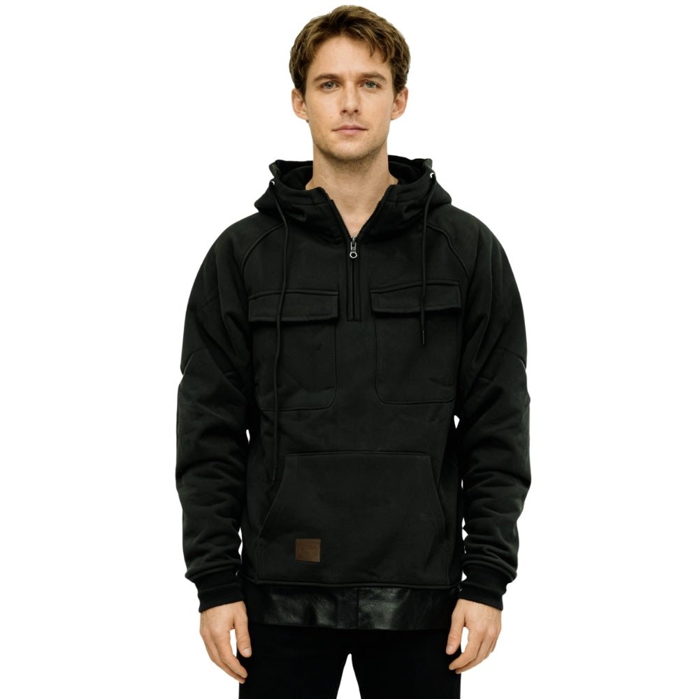 utility pockets," "technical fleece," "structured fit," "urban outerwear," "men's layering piece," and "modern pullover