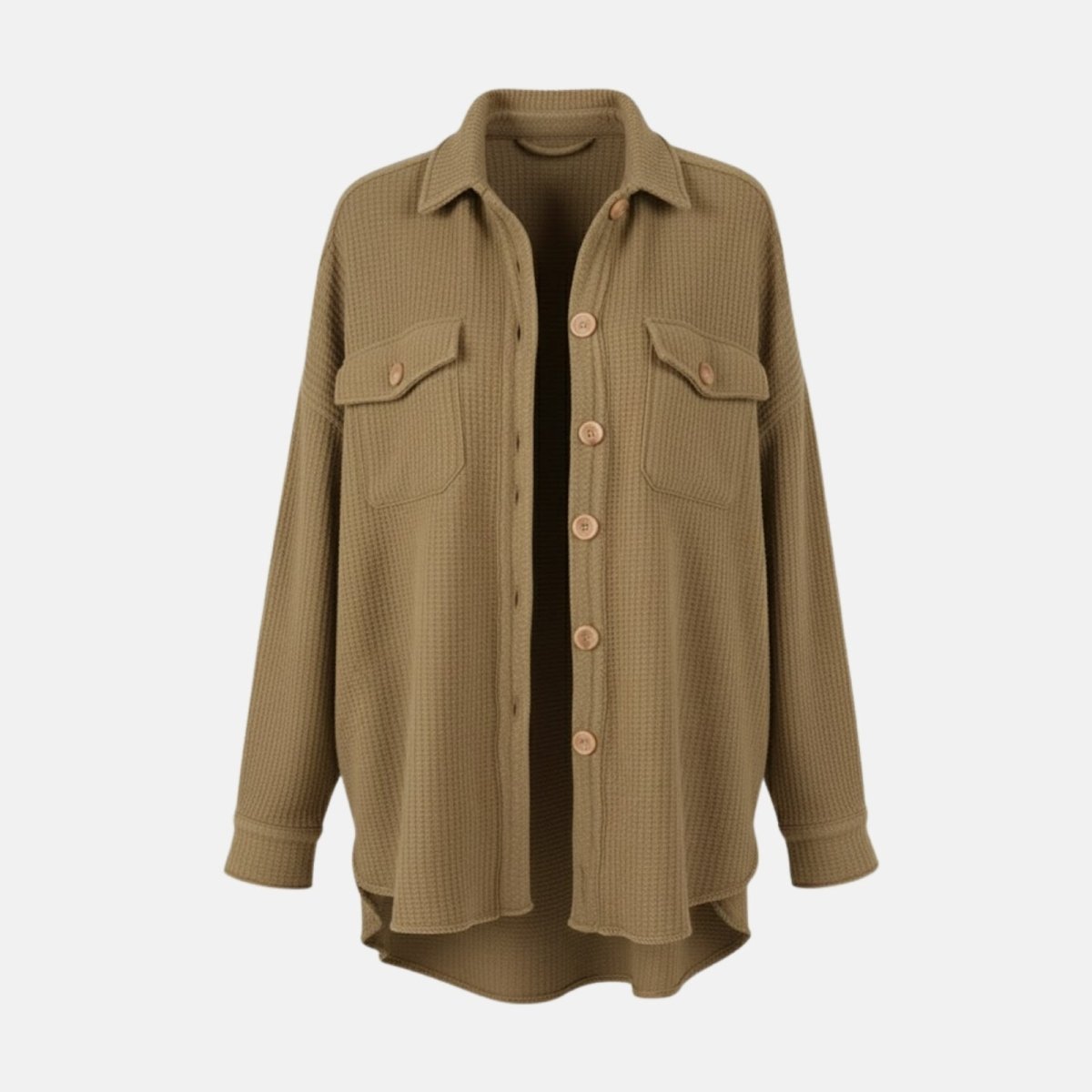 Front flat lay of the Kouvr Fashion Donna Shacket in khaki, detailing the waffle knit texture, chest pockets, and button front.