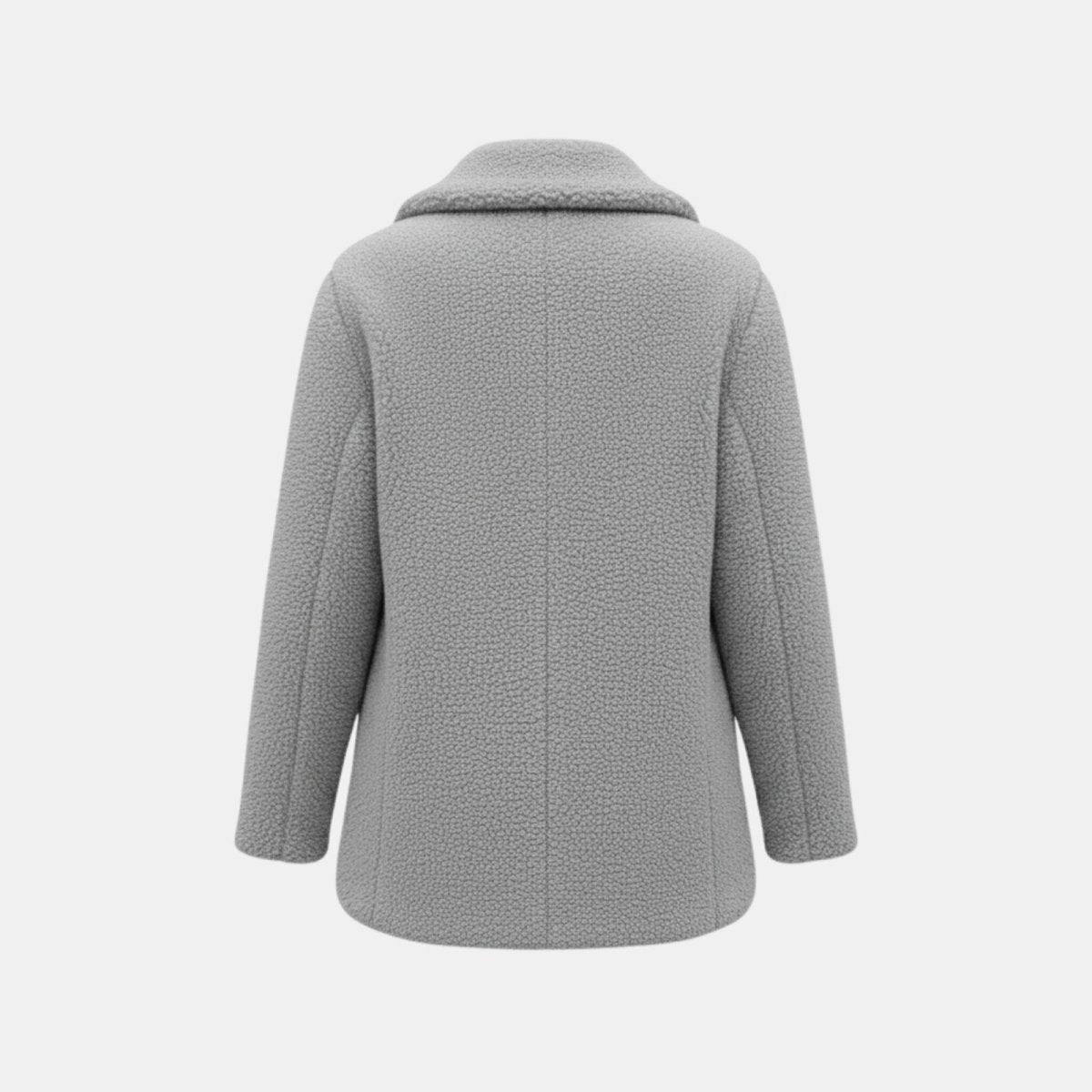 Flatlay of the back of the Kouvr Fashion light grey teddy coat, displaying the clean lines and plush, textured faux shearling material.