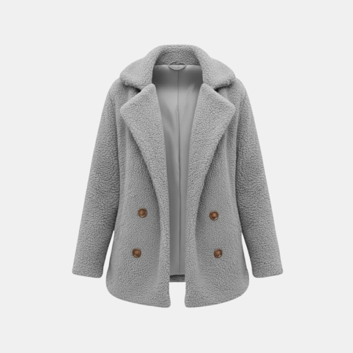 Flatlay product shot of the Kouvr Fashion light grey teddy coat, open to show the double-breasted buttons and smooth interior lining.