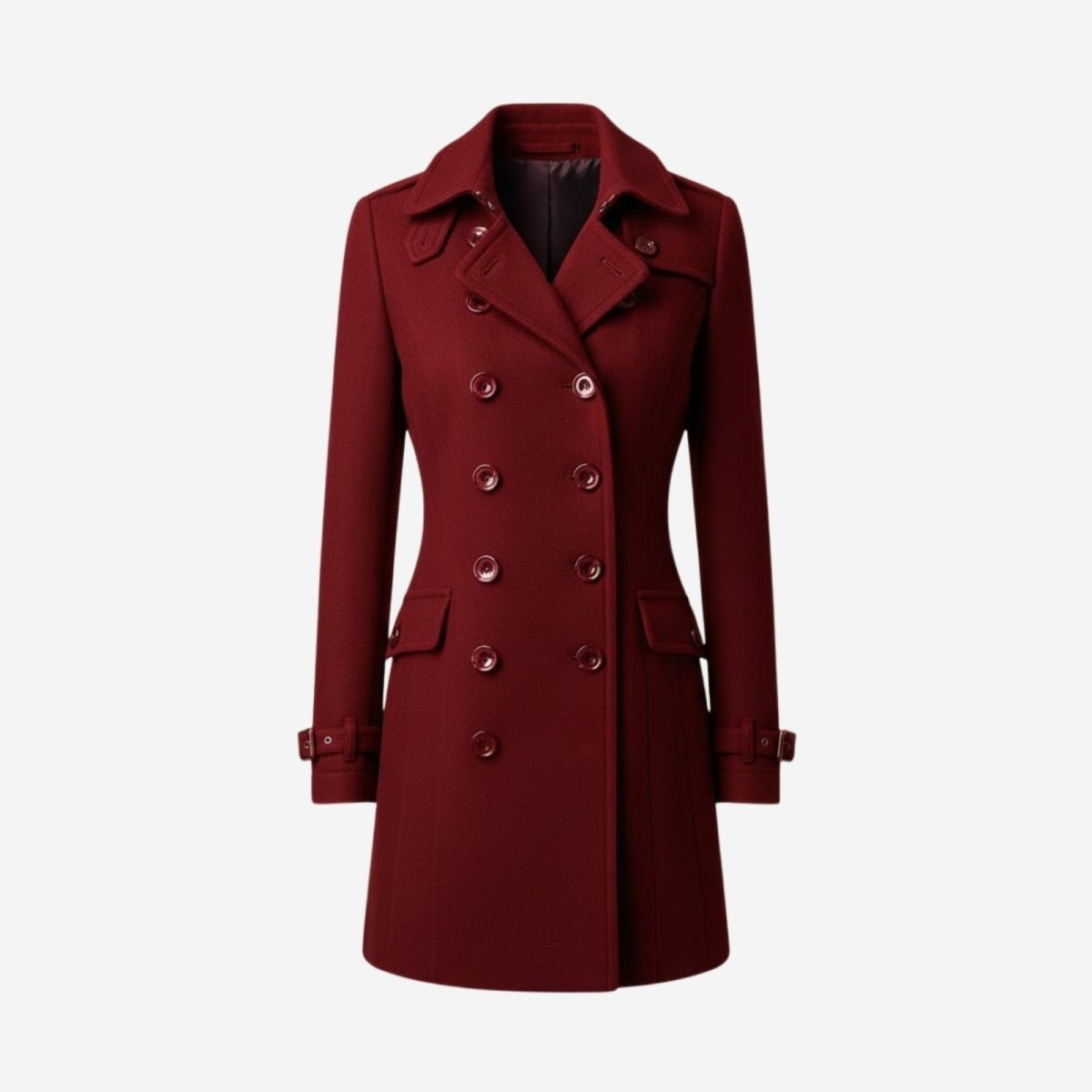 Studio product shot of the Kouvr Fashion double-breasted wool trench coat in red, buttoned up to show classic tailoring. 
