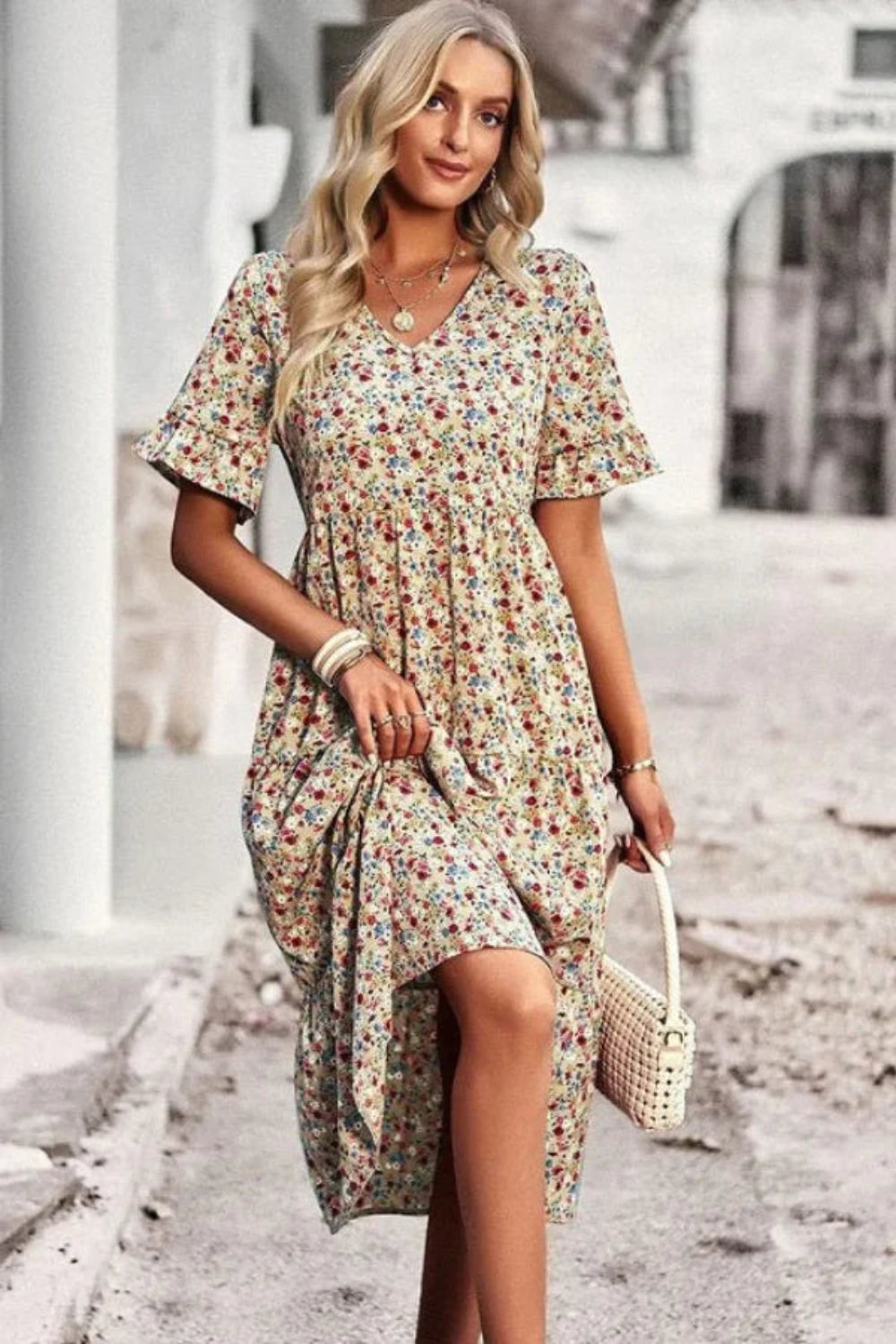 Flutter Sleeve Dress, A-Line Sundress, Empire Waist Dress, Lightweight Flowy Dress, Bohemian Floral Dress, Vacation Dress, Garden Party Dress, Romantic Midi Dress