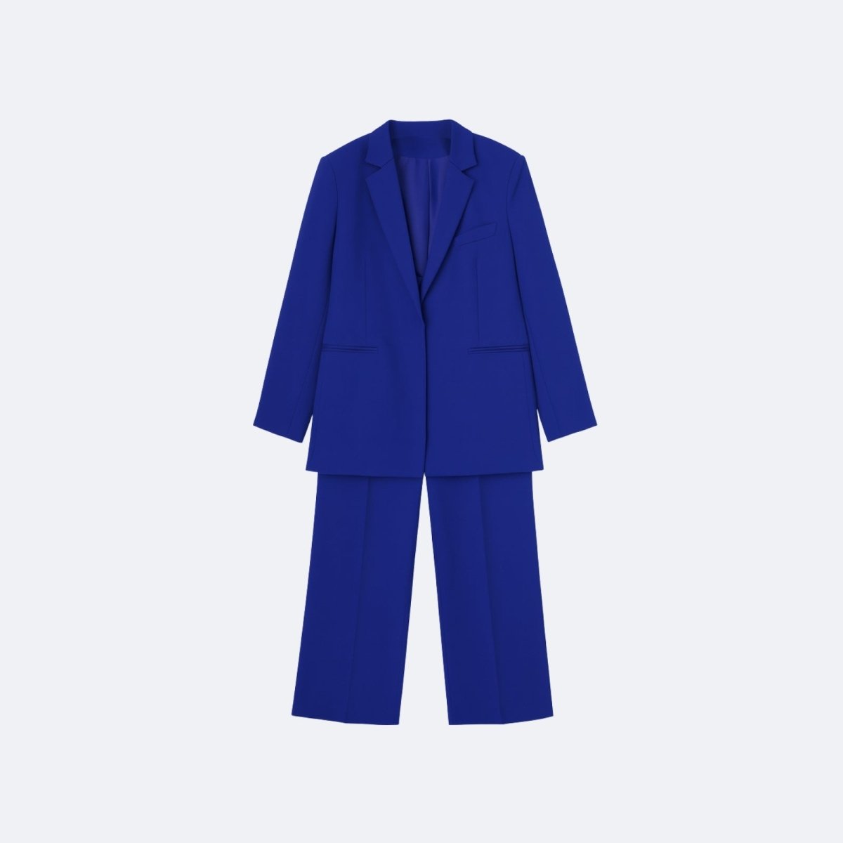 Flat lay of the Kouvr Fashion electric blue women's suit, showing the front of the single-breasted blazer and pleated wide-leg trousers on a white background.