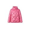 Front product shot of the pink Elisse Puffer Jacket from Kouvr Fashion, laid flat to show the high neck and snap button closure.