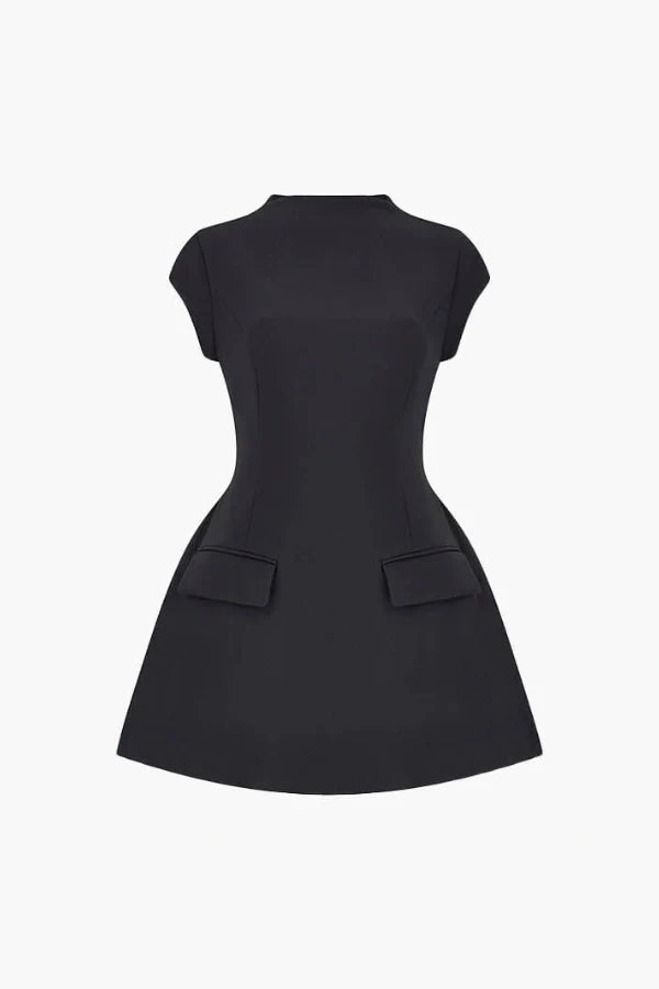Sculptural, architectural, fit and flare, cinched waist, ella Hepburn style, 60s mod dress, boat neck, cap sleeve, cocktail attire.